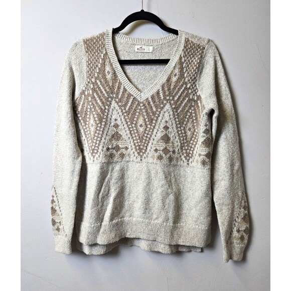 Hollister Sweaters - Hollister Womens Gray Fair Isle Knit V-Neck Pullover Sweater Long Sleeve L